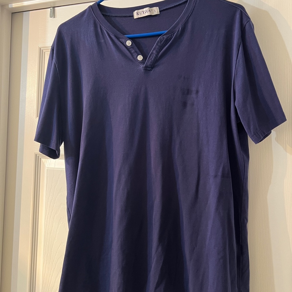 Kuyigo Men's Large Navy V Neck Button Shirt